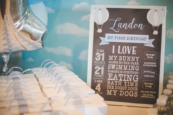 HOT AIR BALLOON Favorite Things Chalkboard Art, Printed Birthday Board, Up Up and Away, 1st Birthday Stats Sign, Blue and Gray Il_570xn