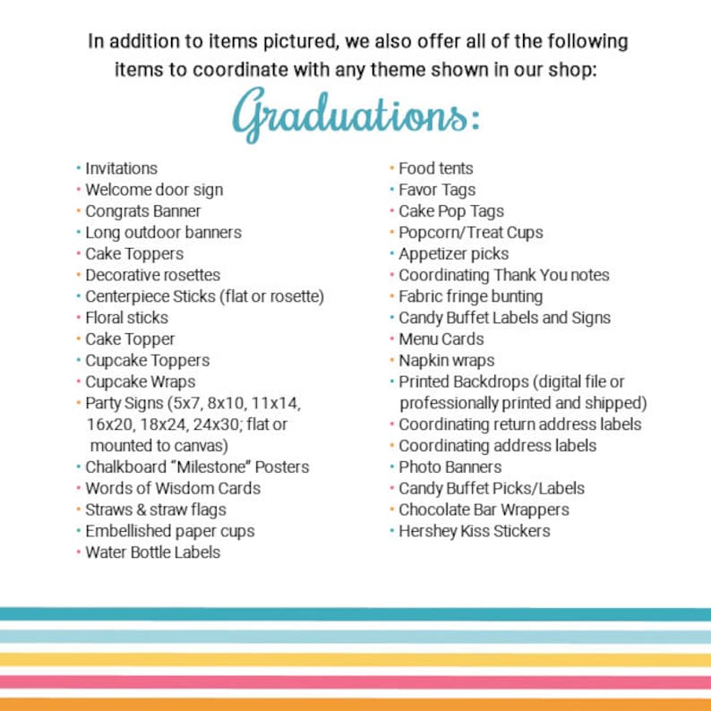 K&ouml;nnte beinhalten: Eine Liste von Artikeln und Dekorationen f&uuml;r eine Abschlussfeier, darunter Einladungen, Banner, Cupcake-Topper, Essenszelte, Geschenkanh&auml;nger und vieles mehr. Der Text "Graduations:" steht oben auf der Liste.