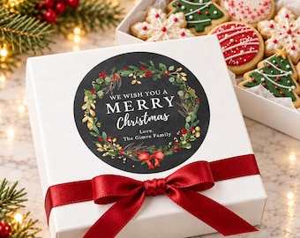 Personalized Christmas Cookie Box Stickers, Botanical Wreath Holiday Baking Labels