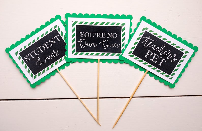May include: Three green and white signs with black chalkboard inserts. The signs have scalloped edges and are on wooden sticks. The signs read "Student Loans", "You're No Dum Dum", and "Teacher's Pet".