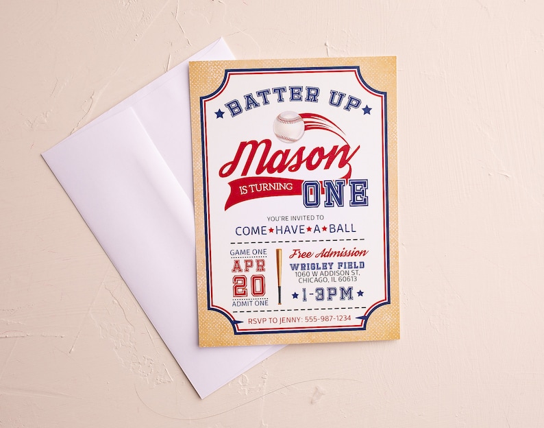 May include: A baseball-themed birthday party invitation for a boy named Mason turning one. The invitation features a red, white, and blue color scheme with a baseball graphic and the text "Batter Up" and "Mason is turning One". The invitation also includes details about the party, such as the date, time, and location.