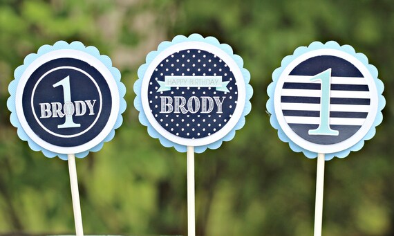 PREPPY BOY BIRTHDAY Cupcake Toppers, Boy 1st Birthday Party, Nautical, Boy First Birthday, Navy Blue and Light Blue Il_570xn