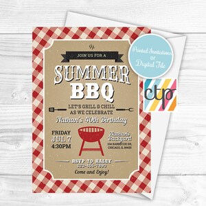 May include: A red and white gingham patterned invitation for a summer BBQ to celebrate Nathan's 40th birthday. The invitation includes the date, time, and location of the event. It also includes a grill icon and the text "Let's grill & chill as we celebrate".