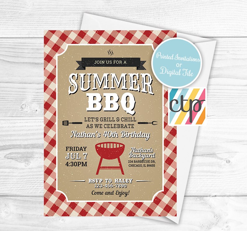 May include: A red and white gingham patterned invitation for a summer BBQ to celebrate Nathan's 40th birthday. The invitation includes the date, time, and location of the event. It also includes a grill icon and the text "Let's grill & chill as we celebrate".