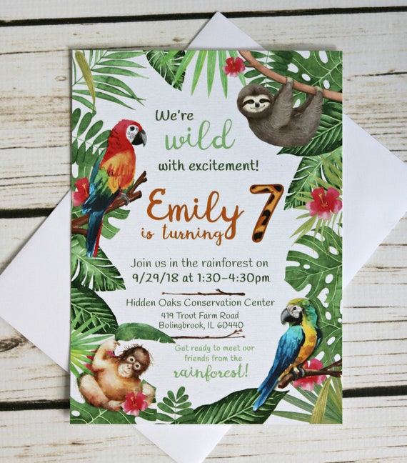 RAINFOREST BIRTHDAY INVITATIONS Rain Forest Invite Jungle Invitation Safari Invitation Jungle Safari Sloth Macaw Parrot Printed Invitations Il_570xn
