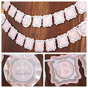 FIRST COMMUNION Party Decorations.  First Communion Banner.  Baptism Party Decorations.  Baptism Banner.  Girl Religious Decor.  Pink silver