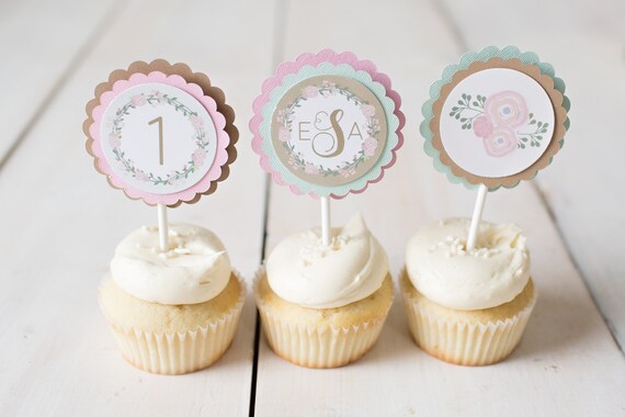 GIRL SHABBY CHIC Birthday Party Cupcake Toppers, Floral 1st Birthday, Monogram, Pink and Mint Green Il_570xn