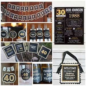 May include: A collection of 40th birthday party decorations in black and gold. The decorations include banners, cupcake toppers, a welcome sign, and a glass with a sticker. The text on the decorations says "Cheers to 40 Years" and "Happy Birthday".