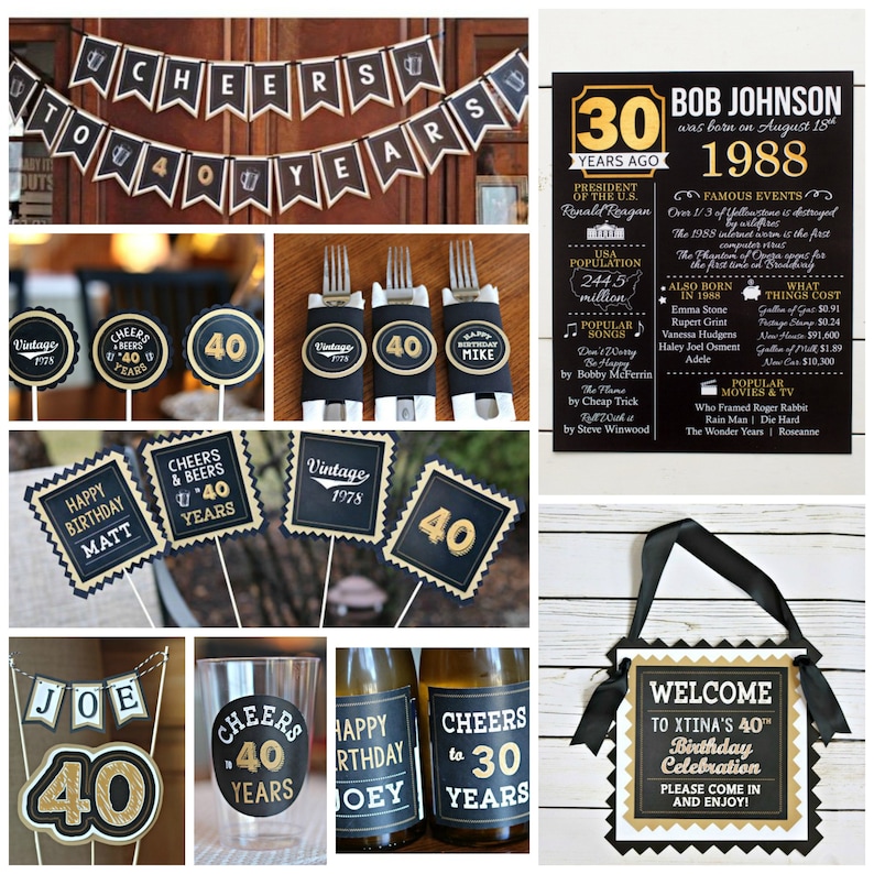 May include: A collection of 40th birthday party decorations in black and gold. The decorations include banners, cupcake toppers, a welcome sign, and a glass with a sticker. The text on the decorations says "Cheers to 40 Years" and "Happy Birthday".
