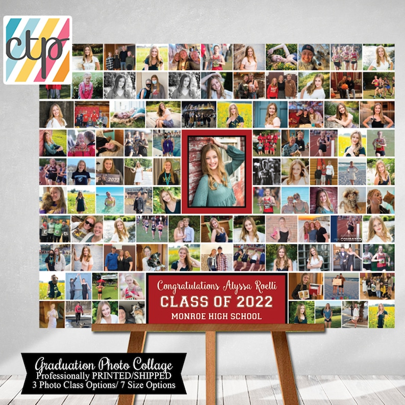 K&ouml;nnte beinhalten: Ein rotes und schwarzes Abschlussfoto-Collage mit einem gro&szlig;en Foto einer Absolventin in der Mitte. Die Collage ist umgeben von kleineren Fotos der Absolventin mit Freunden und Familie. Der Text "Congratulations Alyssa Roelli Class of 2022 Monroe High School" ist am unteren Rand der Collage gedruckt.