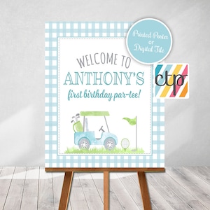 Golf Welcome Sign, Door Sign, A Hole In ONE, Golf 1st Birthday Party Decorations, Golf Par-Tee, Blue Gingham, Printed