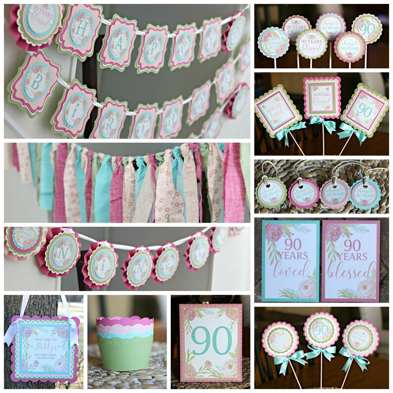 May include: A collage of party decorations for a 90th birthday celebration. Includes banners, cupcake toppers, signs, and a decorative ribbon garland. The color scheme features pink, green, and blue with floral accents. The banners spell out "HAPPY BIRTHDAY".