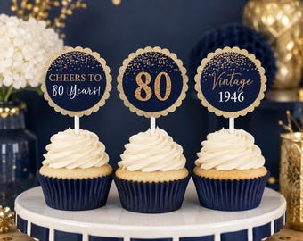 80th Birthday Cupcake Toppers, Navy Gold Birthday Decorations, Vintage 1946 Party