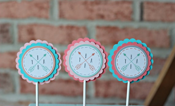 Tribal Baby Shower Cupcake Toppers, Bows or Arrows Gender Reveal, Boho Chic Arrow, Coral and Aqua, Gender Neutral Tribal Arrow Baby Shower Il_570xn