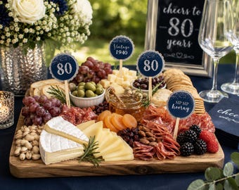 80th Birthday Appetizer Picks | Charcuterie Board Decor - Fully Assembled