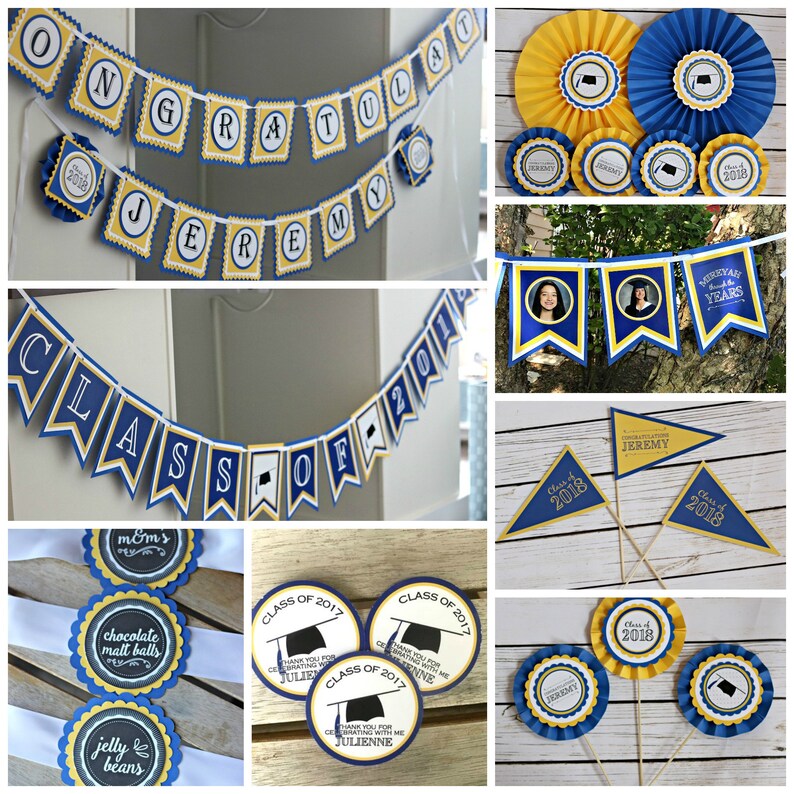 Op de afbeelding: Afstudeerfeestdecoraties in blauw en goud met de tekst "Class of 2018" en "Gefeliciteerd Jeremy". De decoraties omvatten banners, cupcaketoppers en middelpunten.