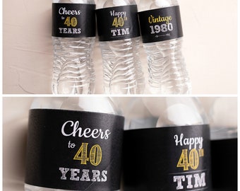 40th Birthday Party Water Bottle Labels, Self Stick,  Milestone Birthday Decorations, Vintage Dude, Adult Birthday Party Decor