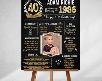 PRINTED 40th birthday poster, Back in 1986, What Happened in 1986, 40th Birthday Decorations, Black and Gold, 40th Party Decor, Vintage 1986