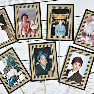 BIRTHDAY PHOTO CENTERPIECE, Photo Picks, Milestone Birthday, Centerpiece Sticks, Photo Signs, Table Decoration, Black and Gold