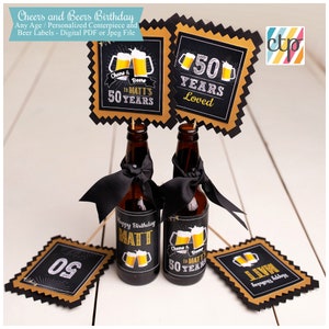 May include: A set of printable party decorations for a 50th birthday. The decorations feature a chalkboard style design with gold accents and the text "Cheers & Beers" and "50 Years Loved".