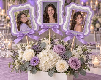 Personalized Bat Mitzvah Photo Centerpiece, Lavender Silver Table Decorations