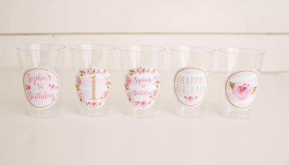 FLORAL 1st BIRTHDAY Plastic Party Cups, Beverage Cups, Girl First Birthday, Shabby Chic, Feminine, Shades of Pink and Gold Il_570xn
