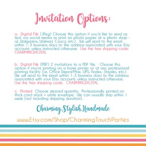 May include: A white background with text in pink and black, titled "Invitation Options." It details digital file and printed invitation choices. The Etsy shop name "Charming Stylish Handmade" is also displayed.