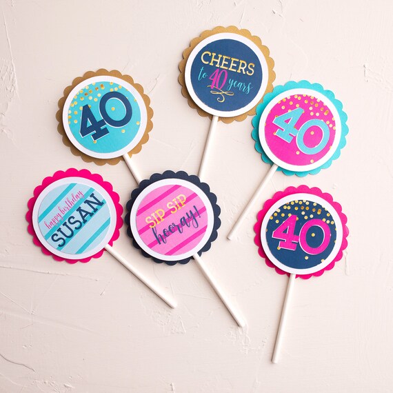 40th Birthday Cupcake Toppers, Cheers to 40 Years, Cupcake Picks, Navy Blue, Hot Pink, Aqua, Fully Assembled or Printable Il_570xn
