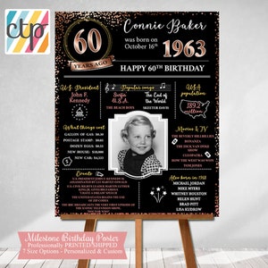 PRINTED 60th birthday poster, Back in 1963, What Happened in 1963, 60th Birthday Decorations, Rose Gold, 60th Party Decor, Vintage 1963