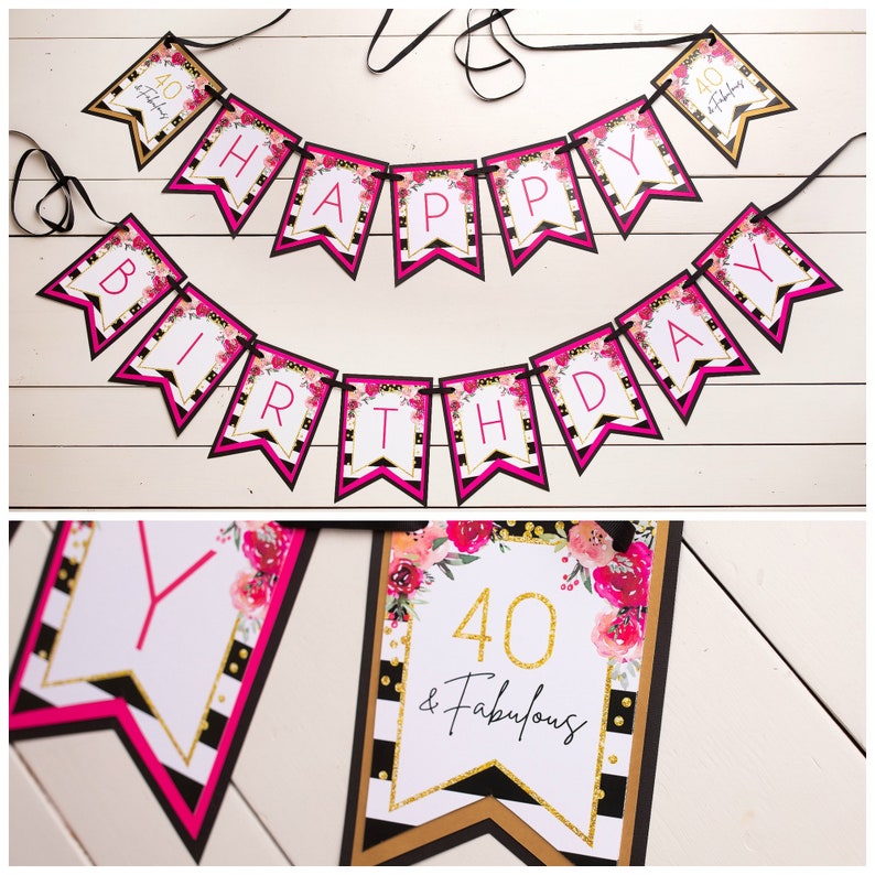 Puede incluir: Bandera de cumplea&ntilde;os rosa y negra con detalles de purpurina dorada. La pancarta dice "Feliz cumplea&ntilde;os" e incluye una bandera separada que dice "40 & Fabuloso".