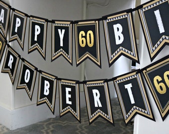 BANDERA DE CUMPLEAÑOS 60, Feliz cumpleaños, Decoraciones para 60 cumpleaños, Decoración para fiesta de 60 años, Saludos por los 60 años, Cumpleaños vintage, Negro y dorado