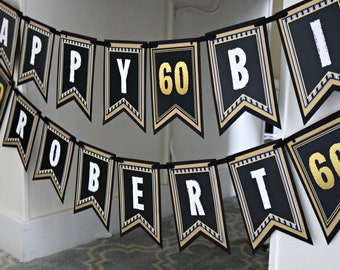 60TH BIRTHDAY BANNER, Happy Birthday, 60th Birthday decorations, 60th party decor, Cheers to 60 years, Vintage Birthday, Black and Gold