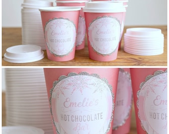 Hot Cocoa Cups, Girl Winter ONEderland, Winter Wonderland, 1st Birthday Party, Hot Chocolate Cups, Hot Chocolate Bar, Pink and Silver