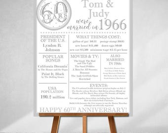 DIAMOND JUBILEE Printed Poster "Were Married in Year", Marriage Board, Back in 1966, What Happened in 1966, 60th Anniversary , Silver