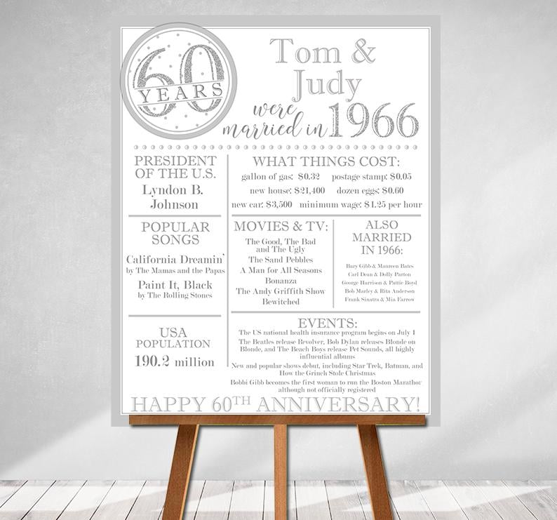 DIAMOND JUBILEE Printed Poster "Were Married in Year", Marriage Board, Back in 1966, What Happened in 1966, 60th Anniversary , Silver image 1