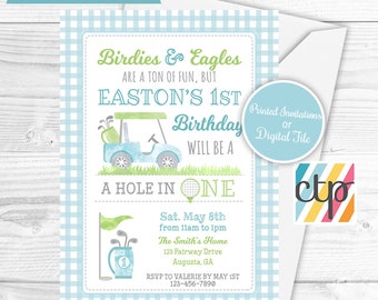 Golf Birthday Party Invitations, A Hole In ONE, Golf 1st Birthday Party, Boy Golf Invite, Golf Par-Tee, Blue Gingham