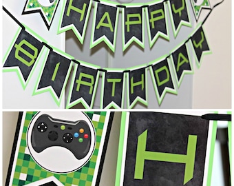 VIDEO GAME BIRTHDAY Banner, Happy Birthday, Gamer Party, Game Truck Party, Fully Finished Video Game Decorations, Black and Green