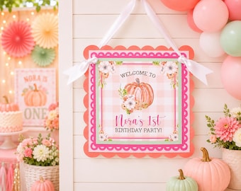 Little Pumpkin Welcome Sign, Personalized First Birthday Party Sign, Pink Fall Baby Shower Decor