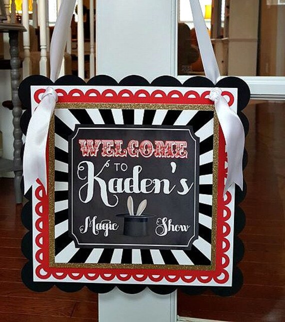 MAGIC SHOWER BIRTHDAY Welcome Sign, Door Sign, Magician, Magic Decorations, Magic Party Decor, Red and Black, Black and Gold Il_570xn