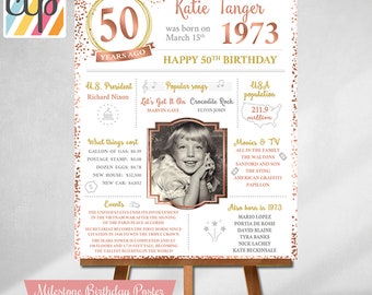 Affiche imprimée du 50e anniversaire, cadeau personnalisé, année de votre naissance, né en 1973, années 50, cadeaux de fille,