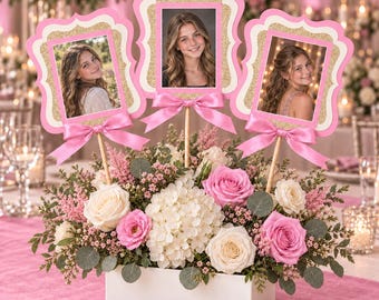 Personalized Bat Mitzvah Photo Centerpiece, Pink Gold Jewish Girl Party Decor