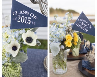 GRADUATION PARTY DECORATIONS, Graduation Centerpiece, Grad Pennant Flag Centerpiece Custom Graduation Party Decor, Navy Blue Graduation