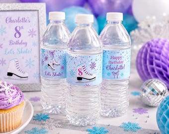 Ice Skating Water Bottle Labels, Personalized Figure Skate Birthday Decorations