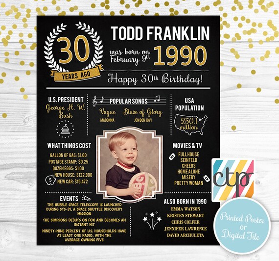 PRINTED 30th birthday poster, Back in 1990, What Happened in 1990, 30th Birthday Decorations, Black and Gold, 30th Party Decor, Vintage 1990 Il_570xn