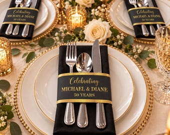 Personalized 50th Anniversary Napkin Wraps, Gold Wedding Anniversary Utensil Holders