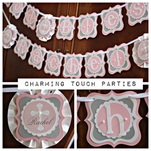 FIRST COMMUNION DECORATIONS, First Communion Banner, Baptism Party Decorations, Baptism Banner, Girl Religious Package. Pink and Silver