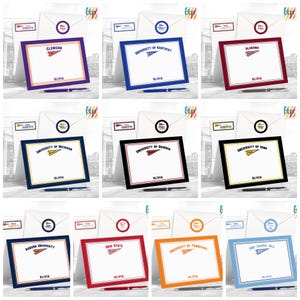 May include: A selection of personalised stationery sets, each with a college team logo. Each set includes a notepad with a coloured border, a matching envelope, and a pen. The notepads display the name "OLIVIA" below the team logo.