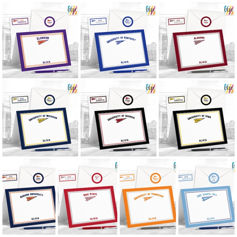 May include: A selection of personalised stationery sets, each with a college team logo. Each set includes a notepad with a coloured border, a matching envelope, and a pen. The notepads display the name "OLIVIA" below the team logo.