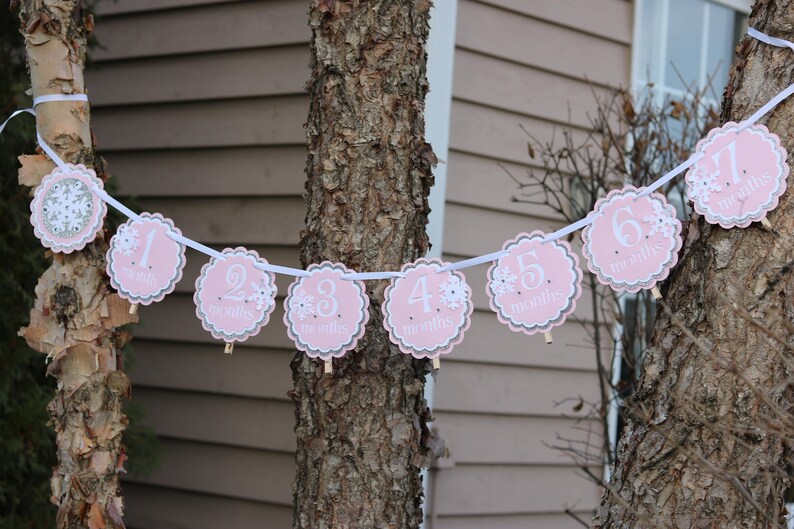 May include: A decorative banner featuring scalloped circular cards in light pink and grey, strung on a white ribbon. Each card displays a number from one to seven and the word months, accented with white snowflake illustrations and silver borders.