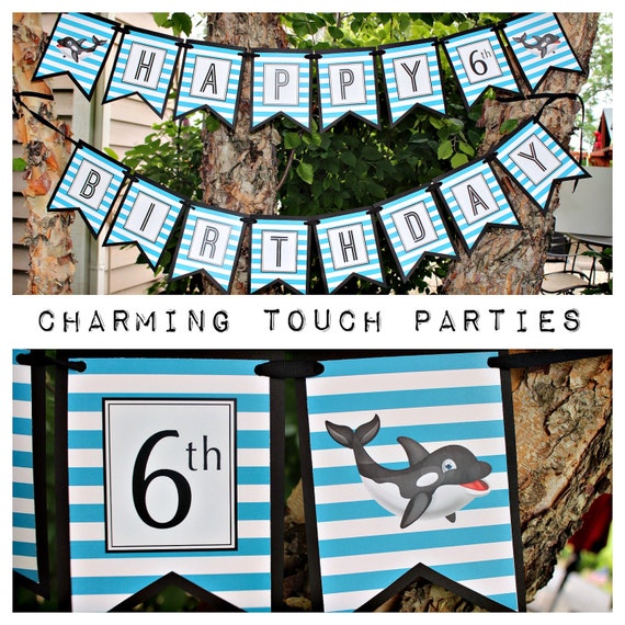 ORCA WHALE BANNER, Killer Whale Decorations, Ocean Birthday, Swim Party, Whale Birthday Party, Boy Birthday, Blue and Black Il_570xn